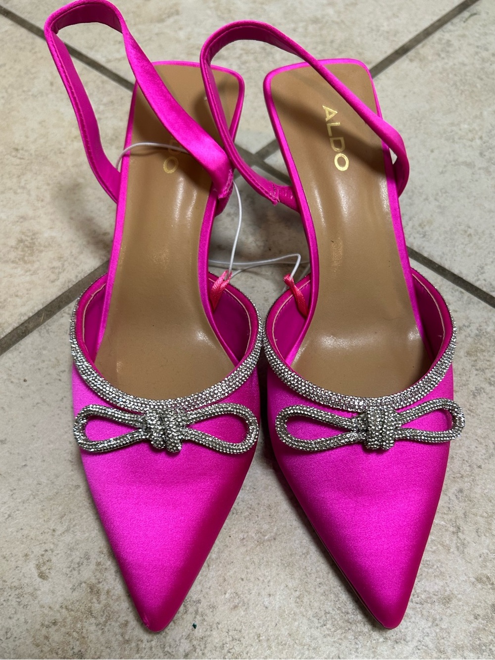 ALDO Hot Pink Satin Pointed Slingback Heels with Crystal Bow Trim